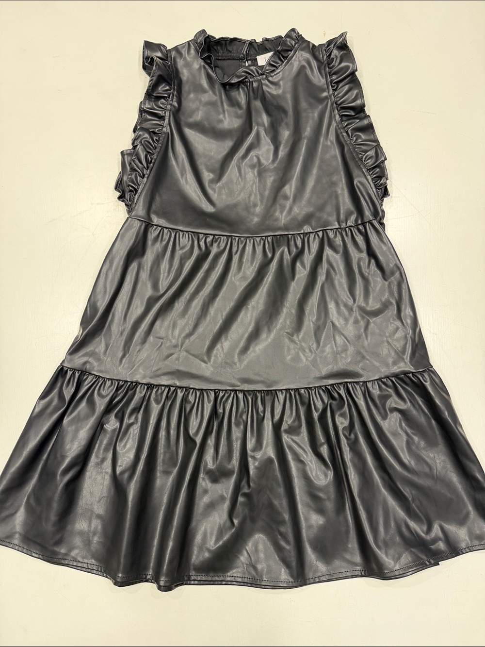 THML Black Faux Leather A-Line Tiered Ruffle Dress